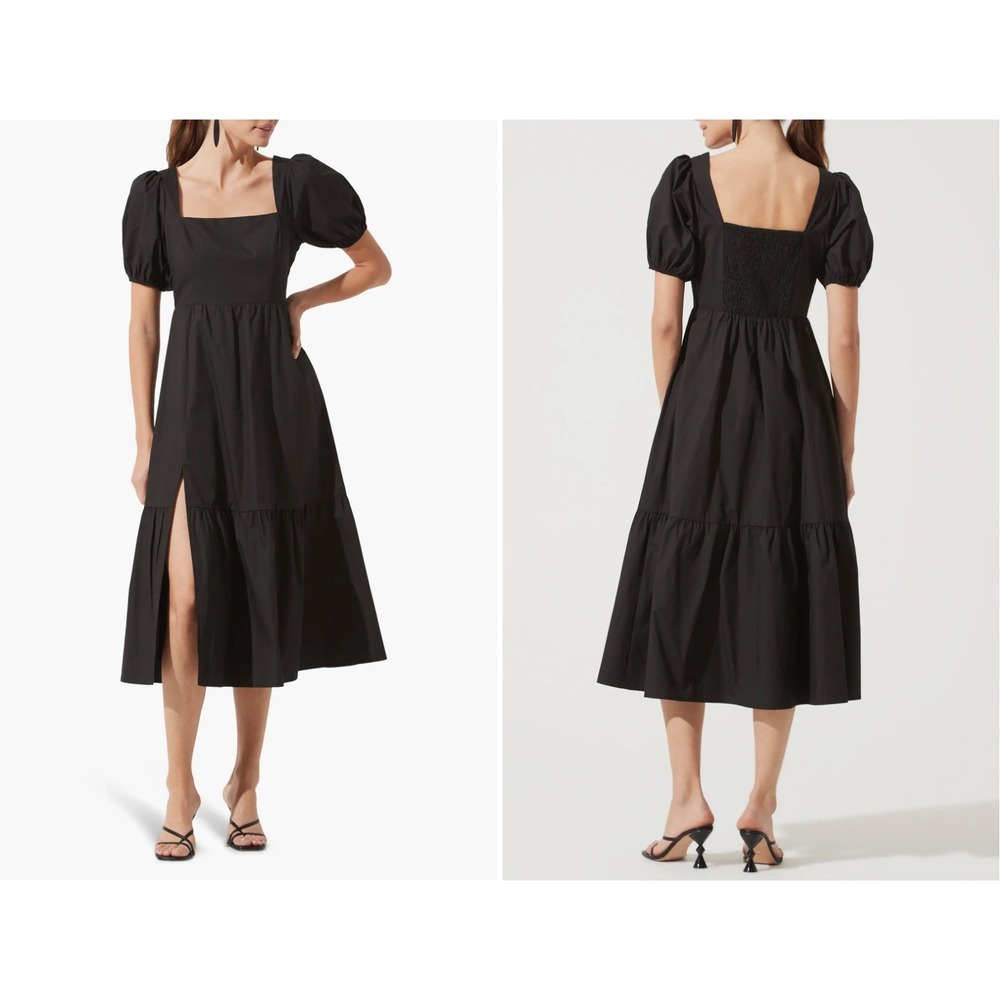ASTR the Label Poplin Puff Sleeve Tiered Midi Dress Black Small‎